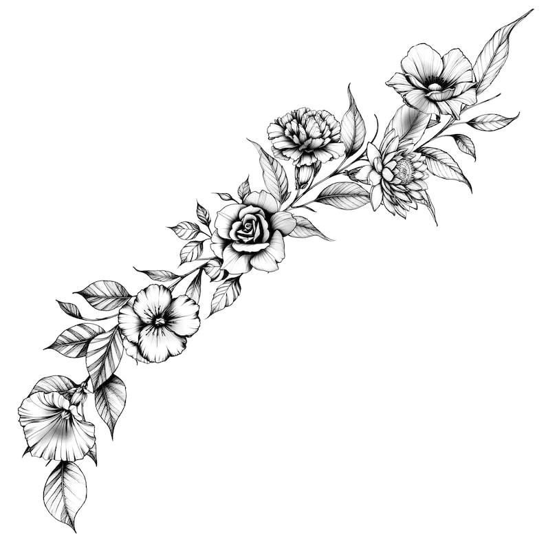 May include: Black and white line drawing of a floral arrangement with roses, carnations, and other flowers. The flowers are arranged in a flowing, cascading pattern.