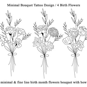 Custom Minimal 4 Birth Flower Bouquet, Family Birth Month Tattoo Design, Up to 4 Flowers, Family Bouquet Tattoo Design, Flower Tattoo Design
