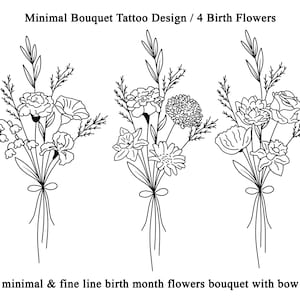 Individuell Minimal 4 Geburts-Blumenstrauß, Familie Geburtsmonat Tattoo-Design, Bis zu 4 Blumen, Familien-Blumenstrauß Tattoo-Design, Blumen Tattoo-Design