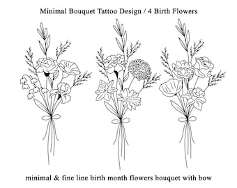 Custom 4 Birth Flower Bouquet Tattoo Design: Minimal Family Floral (Digital Download)