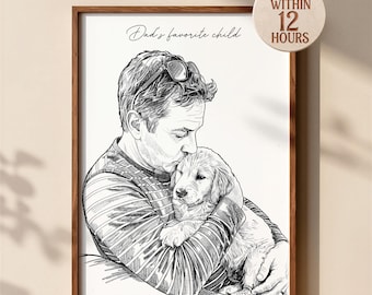 May include: A framed black and white line art illustration of a person with short hair and glasses resting on their head, kissing a golden retriever puppy. The text "Dad's favorite child" is printed above the figures in a cursive script.