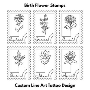 Birth Month Flower Stamp Tattoo Design, Name Flower Line Art, Line Drawing, Minimal Tattoo Design, Custom Tattoo Commission, Flower Art