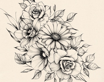 May include: A black and white botanical illustration featuring a cluster of roses, a daisy, and a daffodil with detailed leaves and stems. The design includes the text ZETA at the top and a circular logo with the text zetastudioco.etsy.com below.