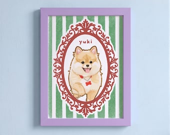 May include: A framed print featuring a tan Pomeranian dog illustration inside a red ornate oval frame. The background has vertical green and white stripes. The name yuki is written in small brown letters above the dog's head.
