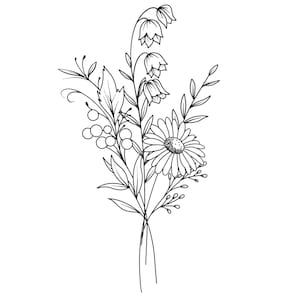 May include: A black and white line drawing of a bouquet of flowers. The bouquet includes a daisy, bell-shaped flowers, and berries.