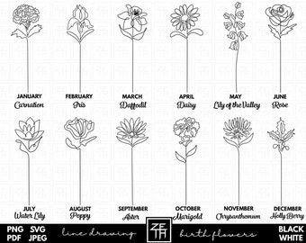 Birth Month Flower Line Art SVG Bundle (Digital Download)