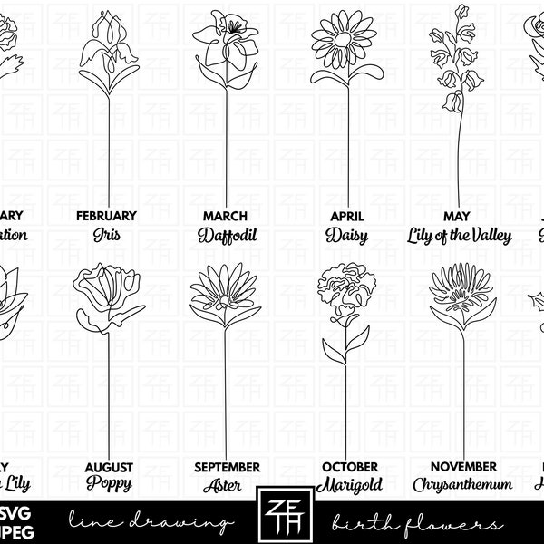 Birth Month Flower SVG, Line Art Flowers Svg, Birth Flowers Svg, Line Drawing Birth Flower SVG, Rose Svg, Marigold Svg, Lotus Svg, Daisy Svg