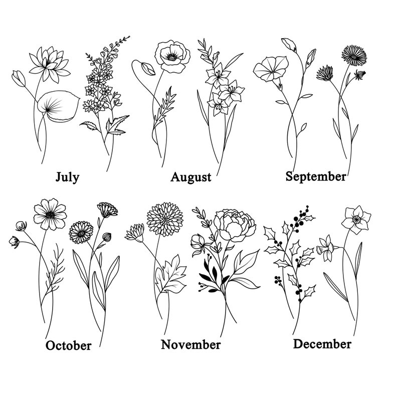 May include: Line art illustrations of flowers representing each month of the year.  July features a water lily, August a poppy, September a bellflower, October a daisy, November a chrysanthemum, and December a narcissus.