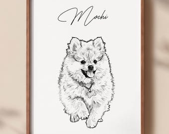 May include: A framed wall art print featuring a black and white line drawing of a fluffy Pomeranian dog with its tongue out, wearing a collar with a bone-shaped tag. The name Mochi is written in black cursive script above the dog.