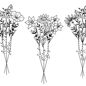 May include: Three black and white line drawings of floral bouquets with names written on the stems. The bouquets are arranged vertically and include various flowers like lilies, daffodils, and carnations.