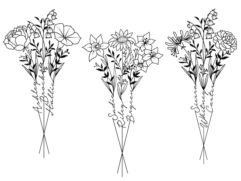 May include: Three black and white line drawings of floral bouquets with names written on the stems. The bouquets are arranged vertically and include various flowers like lilies, daffodils, and carnations.