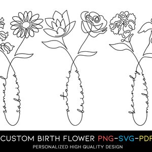Custom Name Design 14, Line Art Birth Flower Tattoo Design, Couple Family Personalized Tattoo Design, 2 Names Birth Month Flowers Tattoo Art