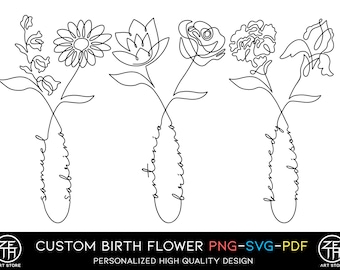 Custom Name Design 14, Line Art Birth Flower Tattoo Design, Couple Family Personalized Tattoo Design, 2 Names Birth Month Flowers Tattoo Art