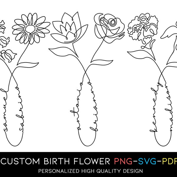 Custom Name Design 14, Line Art Birth Flower Tattoo Design, Couple Family Personalized Tattoo Design, 2 Names Birth Month Flowers Tattoo Art