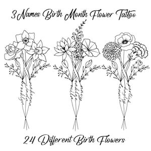 Conception de tatouage de fleurs du mois de naissance de 3 noms, Nom de fleur personnalisé, Conception de tatouage de famille personnalisée, Conception de tatouage de bouquet de fleurs de naissance