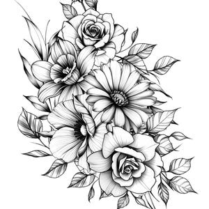 May include: Detailed black and white floral illustration featuring roses, daisies, and other flowers. The arrangement includes various leaf shapes and a flower bud. The artwork is a detailed line drawing, perfect for tattoo designs or botanical art.