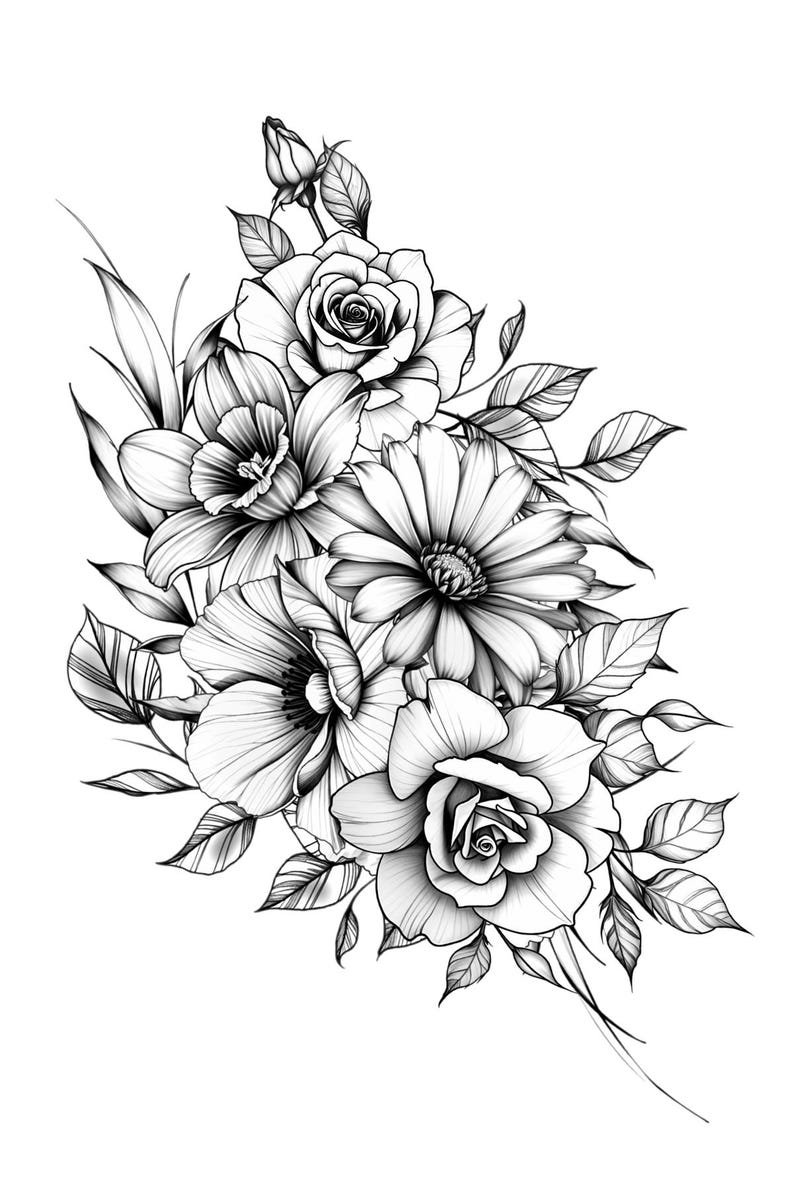 May include: Detailed black and white floral illustration featuring roses, daisies, and other flowers. The arrangement includes various leaf shapes and a flower bud. The artwork is a detailed line drawing, perfect for tattoo designs or botanical art.