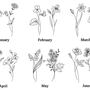 May include: Line art illustrations of flowers representing each month of the year. January: Snowdrop, February: Violet, March: Daffodil, April: Daisy, May: Lily of the Valley, June: Rose.