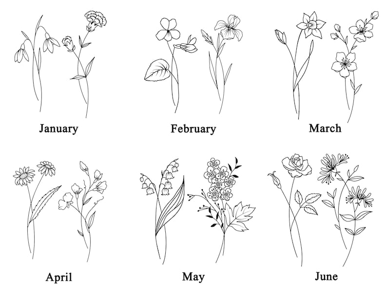 May include: Line art illustrations of flowers representing each month of the year. January: Snowdrop, February: Violet, March: Daffodil, April: Daisy, May: Lily of the Valley, June: Rose.