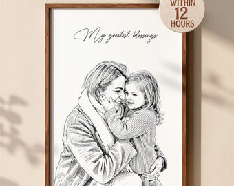 May include: A framed black and white line art portrait of an adult and a child embracing, with the text 'My greatest blessings.' and a circular badge in the top right corner that reads 'READY WITHIN 12 HOURS' in brown text.