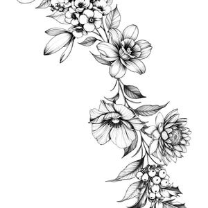 May include: Black and white line drawing of a floral arrangement with various flowers, leaves, and berries. The arrangement features a large flower with multiple petals, a smaller flower with a central circle, and a cluster of berries.
