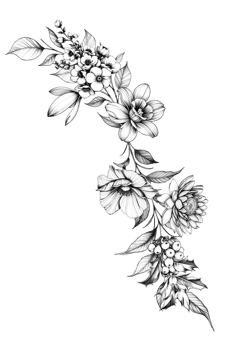 May include: Black and white line drawing of a floral arrangement with various flowers, leaves, and berries. The arrangement features a large flower with multiple petals, a smaller flower with a central circle, and a cluster of berries.