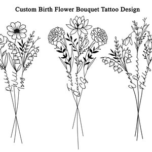 Custom 3 Birth Flower Bouquet with Names, Family Birth Month Tattoo Design, Up to 3 Flowers, Family Bouquet Tattoo Design, Flower Tattoo Art