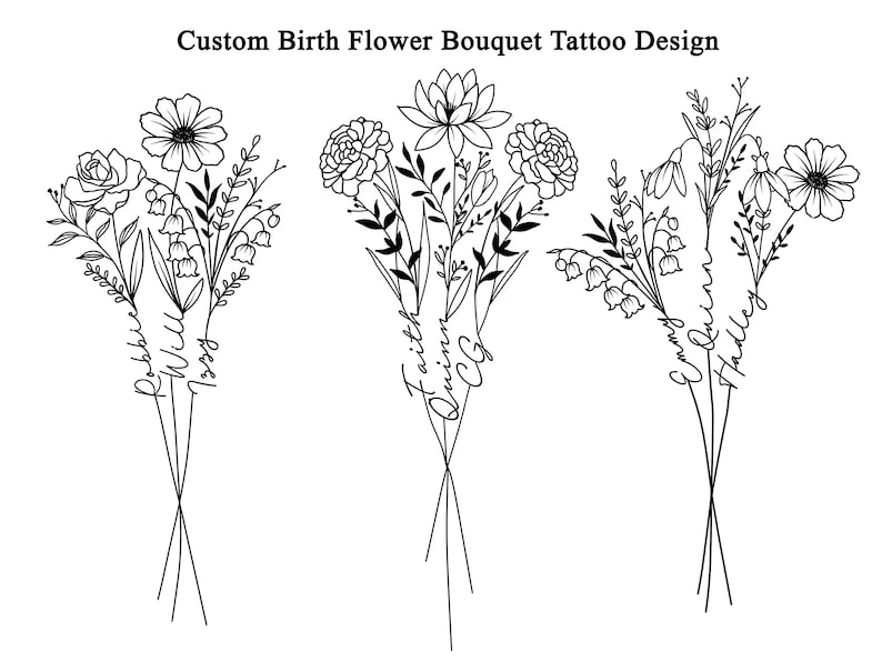 May include: Three black and white line drawings of flower bouquets with names written on the stems. The bouquets are arranged vertically, with the first bouquet featuring a rose, a daisy, and lily of the valley, the second bouquet features a carnation, a daisy, and lily of the valley, and the third bouquet features a daisy, a snowdrop, and lily of the valley. The names on the stems are "Robbie, Will, Izzy", "Faith, Emma, Grace", and "Holly, Emma, Lily".