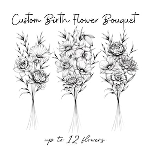 Realistischer Geburtsblumenstrauß, Familienstrauß Tattoo-Design, Bis zu 12 Blumen, Blumenstrauß-Druck, Florales Tattoo-Design, digitaler Download