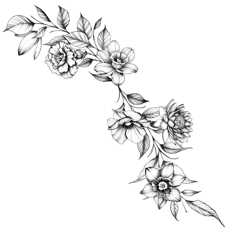 May include: Black and white line drawing of a floral arrangement with carnations, daffodils, and a dahlia. The flowers are arranged in a cascading pattern on a stem with leaves.