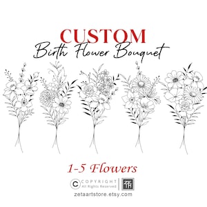 Custom Birth Flower Bouquet, Family Birth Month Tattoo Design,Floral Tattoo Design, Flower Bouquet Print, 1-5 Flowers, Minimalist Print Gift