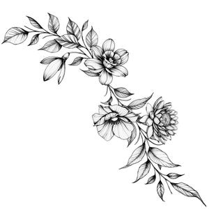 May include: A black and white line drawing of a floral arrangement with three flowers and leaves. The flowers are a daffodil, a rose, and a dahlia.