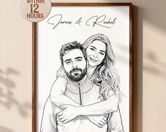 May include: A framed black and white line art portrait of a couple with the text James & Rachel. A circular badge in the top left corner displays the text READY WITHIN 12 HOURS. The drawing features a man and a woman embracing.
