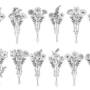 May include: A set of 10 black and white line drawings of floral bouquets. Each bouquet is unique and features different types of flowers. The bouquets are arranged in two rows of five. The drawings are simple and elegant, and would be perfect for use in a variety of projects.