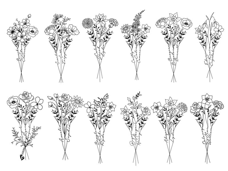 May include: A set of 10 black and white line drawings of floral bouquets. Each bouquet is unique and features different types of flowers. The bouquets are arranged in two rows of five. The drawings are simple and elegant, and would be perfect for use in a variety of projects.