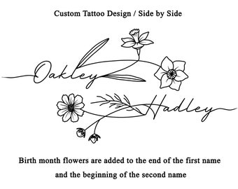 Custom 2 Names Birth Flower Tattoo, Family Birth Month Tattoo Design, Forearm Tattoo Art, Son and Daughter Tattoo Design, Couple Tattoo Art