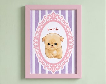 May include: A framed print featuring a light tan puppy illustration centered within an ornate pink oval frame. The background consists of vertical purple and white stripes. The word "bambi" is printed in brown lowercase letters above the puppy.