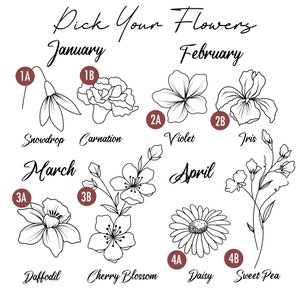 May include: A black and white illustration of flowers blooming throughout the year. The illustration includes a snowdrop, carnation, violet, iris, daffodil, cherry blossom, daisy, and sweet pea. The flowers are labeled with their names and the months they bloom.