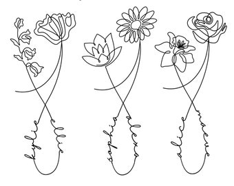 Custom Hugging Flowers Tattoo Design, Family Birth Month Tattoo Design, Up to 2 Flowers, Line Drawing Tattoo Design, Flower Tattoo SVG PNG