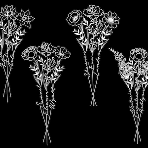 May include: Four black and white line drawings of bouquets of flowers with names written on the stems. The bouquets are arranged in two rows of two. The names are "Samuel Eleanor Wyatt", "Shannon Francine", "Victoria Emmalyn", and "Arthur Amelia".