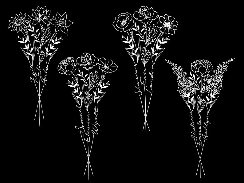 May include: Four black and white line drawings of bouquets of flowers with names written on the stems. The bouquets are arranged in two rows of two. The names are "Samuel Eleanor Wyatt", "Shannon Francine", "Victoria Emmalyn", and "Arthur Amelia".