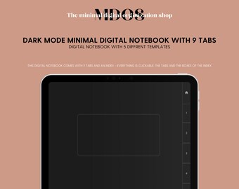 May include: A dark mode digital notebook with 9 tabs and an index. The notebook is displayed on a tablet screen with a white border. The notebook has a dark grey background with a white rectangle in the centre. The tabs are numbered 1 through 4 on the right side of the screen.