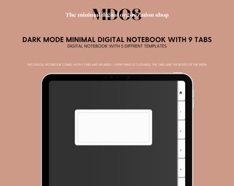 May include: A dark mode digital notebook with 9 tabs and an index. The notebook is displayed on a tablet screen. The notebook has a white box in the centre of the screen and a sidebar with numbered tabs on the right side of the screen.