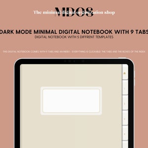 Könnte beinhalten: Eine digitale Notizbuch-App auf einem Tablet-Bildschirm mit einer dunklen Modus-Oberfläche. Die App verfügt über 9 Registerkarten und einen Index. Der Text auf dem Bildschirm lautet "DARK MODE MINIMAL DIGITAL NOTEBOOK WITH 9 TABS" und "DIGITAL NOTEBOOK WITH 5 DIFFERENT TEMPLATES".