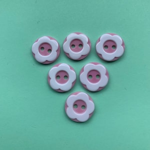 6 Pink and White Flower  Buttons, resin with 2 Holes For Decoration Craft Sewing Knitting Crotchet Jewelry Accessories 12mm Baby Buttons