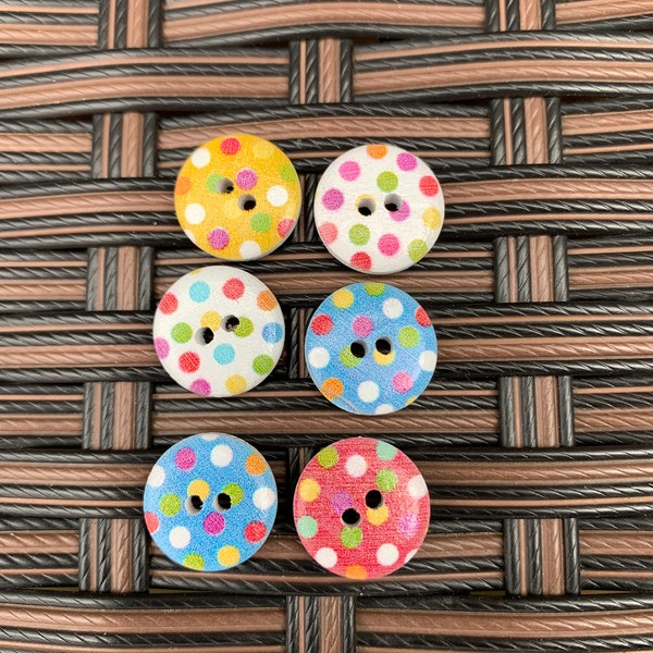 6 x round shape wood painted Buttons with coloured dots, Girl, Boy  Buttons, Unisex mixed colours, cute Colourful  button 15mm 2 hole sewing