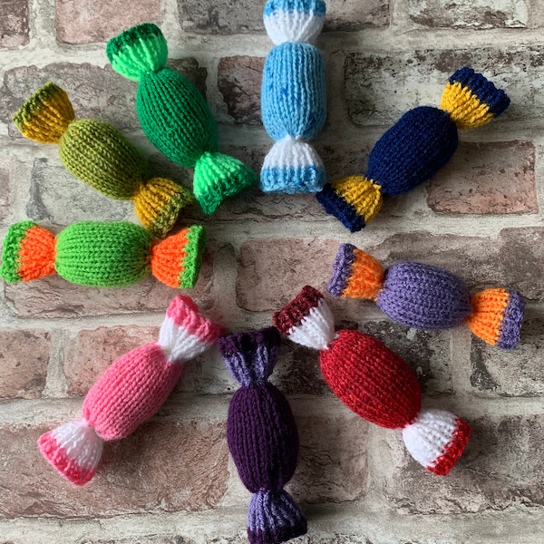 3 Hand Knitted Sweet Shaped Cat Toys For Our Furry Friends, 13cm long approx, includes a pouch of Cat Nip inside to entice our fur babies