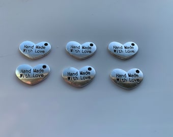 6 pcs Hand Made with Love Heart Charms, Pendant metal tags. Makers Label, labels for Sewing Crocheting Knitting other DIY Projects