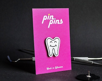 Smiling Happy Tooth Pin! - badges, dentist, teeth, dental hygienist, staff gift, dental assistant, Medical Pin, tooth fairy, black & brass