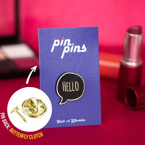 Greeting Say Hello Speech Bubble Pin! - pins, badges, brooch, Hello pin, Text pin, Speech Bubble Pin, Say Hello, black & brass